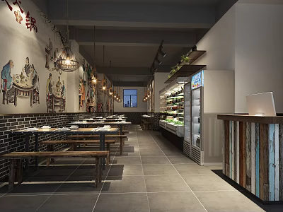 Traditional Hotpot Restaurant Interior With Wooden Tables Benches Decorative Paintings Hanging Lights And Brick Walls 3d model
