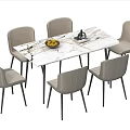 Modern Marble Top Dining Table Set With Six Grey Dining Chairs And Fruit Bowl 3d model