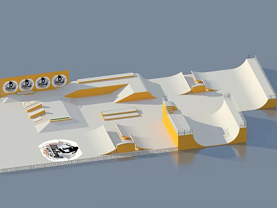 Skate Park Landscape With Yellow And White Ramps And Logo Elements 3d model