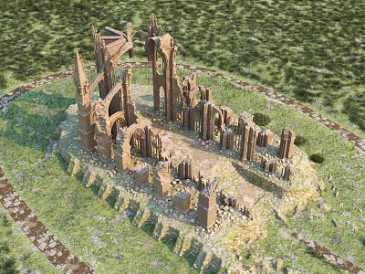 Ancient Architecture Ruins Historical Site Surrounded By Green Grass And Stone Remains 3d model