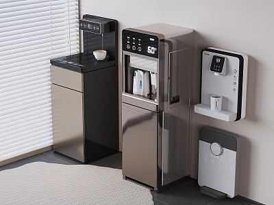 Modern Stainless Steel Kitchen Appliances With Coffee Maker Water Dispenser And Mini Fridge 3d model