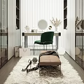 Modern Walk in Closet Interior With Mirrored Cabinets Dressing Table Green Chair And Fur Rug