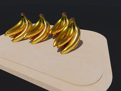 Golden Bananas Arranged in Three Bunches on Light Wooden Tray 3d model