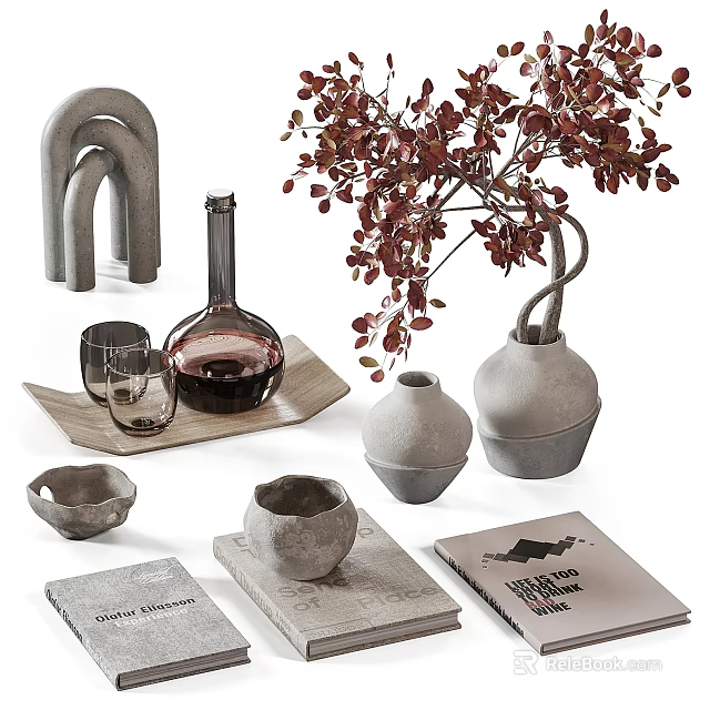 Decorative Ornament Set With Arched Decor Ceramic Vases Red Leaf Plant Glass Cups And Books 3d model 