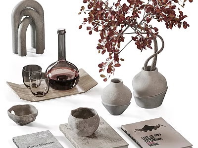 Decorative Ornament Set With Arched Decor Ceramic Vases Red Leaf Plant Glass Cups And Books 3d model