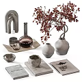 Decorative Ornament Set With Arched Decor Ceramic Vases Red Leaf Plant Glass Cups And Books