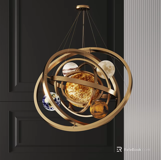 Celestial Chandelier with Golden Circular Rings and Planet Decorations in Modern Interior Design 3d model 