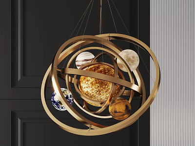 Celestial Chandelier with Golden Circular Rings and Planet Decorations in Modern Interior Design 3d model