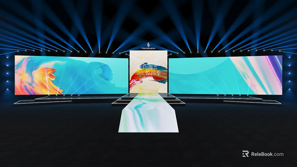 Modern Banquet Hall Stage With Blue Lighting And Large Colorful Screens 3d model 