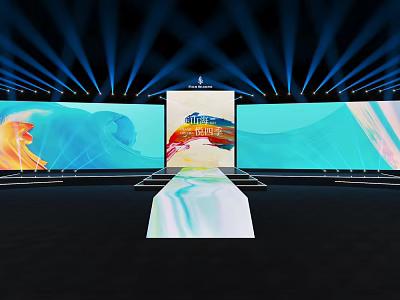 Modern Banquet Hall Stage With Blue Lighting And Large Colorful Screens 3d model