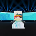 Modern Banquet Hall Stage With Blue Lighting And Large Colorful Screens