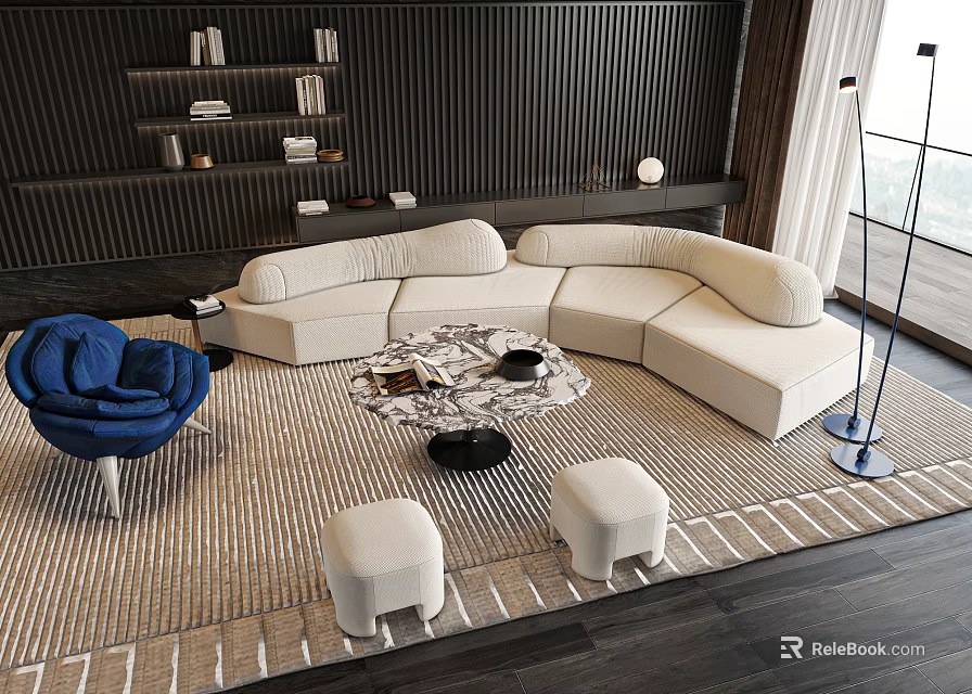 Modern Interior White L Shaped Sofa Round Coffee Table With Blue Accent Chair White Ottomans 3d model 