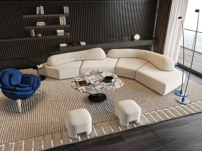 Modern Interior White L Shaped Sofa Round Coffee Table With Blue Accent Chair White Ottomans 3d model