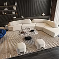 Modern Interior White L Shaped Sofa Round Coffee Table With Blue Accent Chair White Ottomans