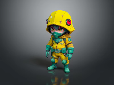 Cute 3D Cartoon Character with Yellow Helmet Red Eyes and Green Protective Gear 3d model