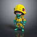 Cute 3D Cartoon Character with Yellow Helmet Red Eyes and Green Protective Gear