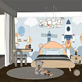 Cozy Kids Room With Cloud Chandelier Rocket Robot Wall Kids Bed Rug And Stuffed Toy