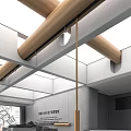 Modern Cafe Interior Design With Wooden Beams Skylight And Minimalist Ceiling Structure
