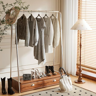 Metal Clothes Rack with Hanging Clothes Shoes and Bags in Cozy Indoor Setting 3d model