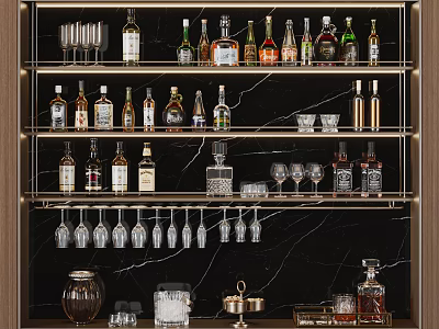 Modern Multi Tiered Wine And Liquor Rack With Various Bottles Wine Glasses And Metal Frame 3d model