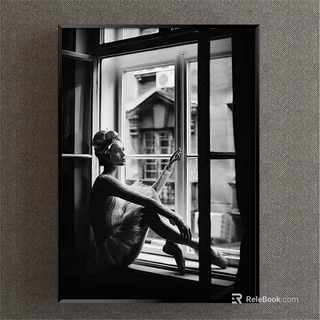 Black and White Portrait of Woman Sitting by Window Holding Guitar Looking Outside Building View 3d model 