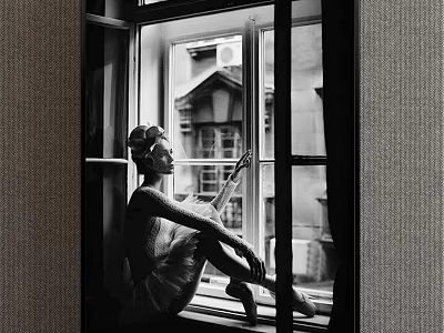 Black and White Portrait of Woman Sitting by Window Holding Guitar Looking Outside Building View 3d model