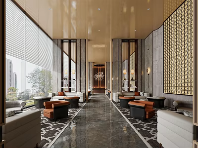 Elegant Modern Hotel Public Lounge Interior With Plush Sofas And Gold Accent Walls 3d model
