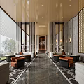 Elegant Modern Hotel Public Lounge Interior With Plush Sofas And Gold Accent Walls