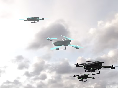 Smart Machines Drones Flying In Cloudy Sky With Multiple Units 3d model