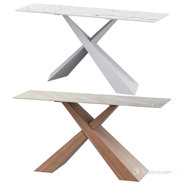 Modern Functional Desk with X Shaped Wooden Legs and Smooth Marble Top Surface 3d model 