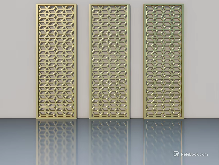 Three Golden Elegant Swing Doors With Intricate Geometric Patterns 3d model