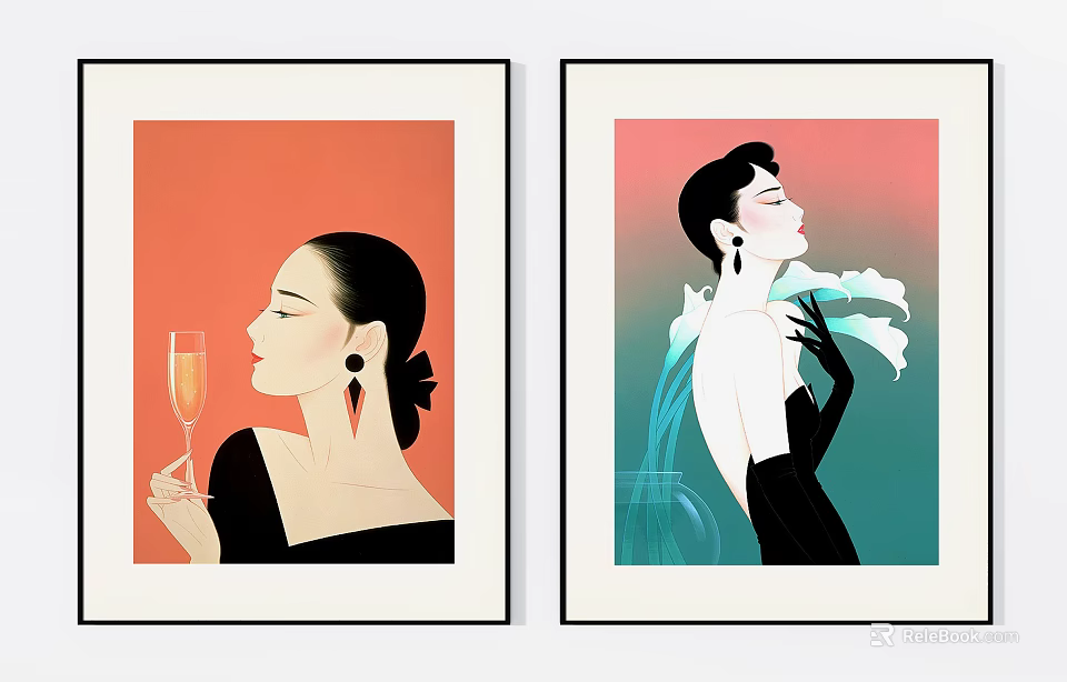 Two Stylish Female Portraits With Red And Gradient Backgrounds Champagne Glass Earrings And White Flower 3d model 