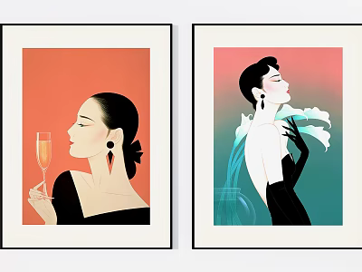 Two Stylish Female Portraits With Red And Gradient Backgrounds Champagne Glass Earrings And White Flower 3d model