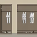 Simple Wooden Wardrobe Interior With Hanging White Robes And Shoes At The Bottom