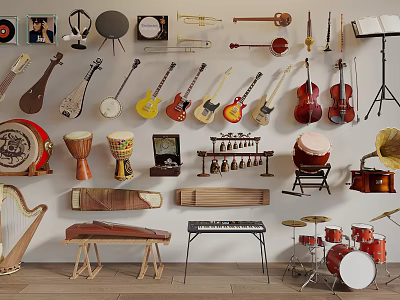 Assorted Musical Instruments and Art Supplies Featuring Guitars Violins Drums Brushes and Paints 3d model