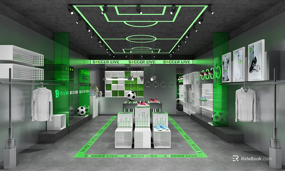 Vibrant Green Sports Store Interior With Football Display Shelves Sportswear And Shoes 3d model 