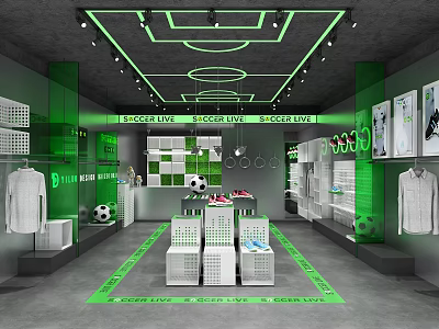 Vibrant Green Sports Store Interior With Football Display Shelves Sportswear And Shoes 3d model