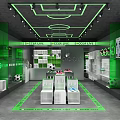 Vibrant Green Sports Store Interior With Football Display Shelves Sportswear And Shoes