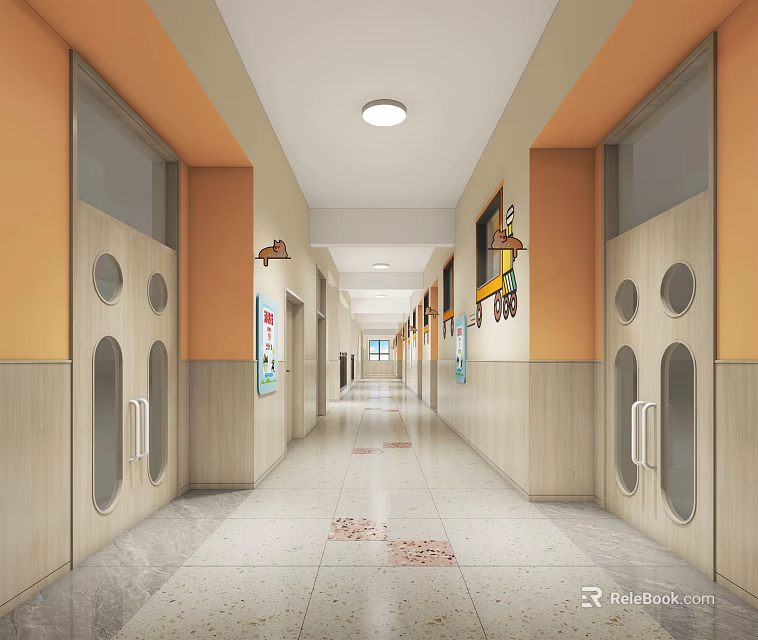 Elevator Hallway With Warm Beige And Orange Walls Marble Floor And Ceiling Lights 3d model 