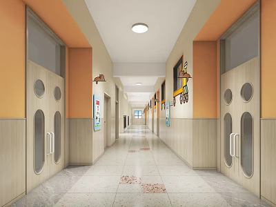 Elevator Hallway With Warm Beige And Orange Walls Marble Floor And Ceiling Lights 3d model