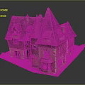 Cartoon Scene of Charming Fairy Tale House with Pointed Roofs Stone Walls and Small Yard