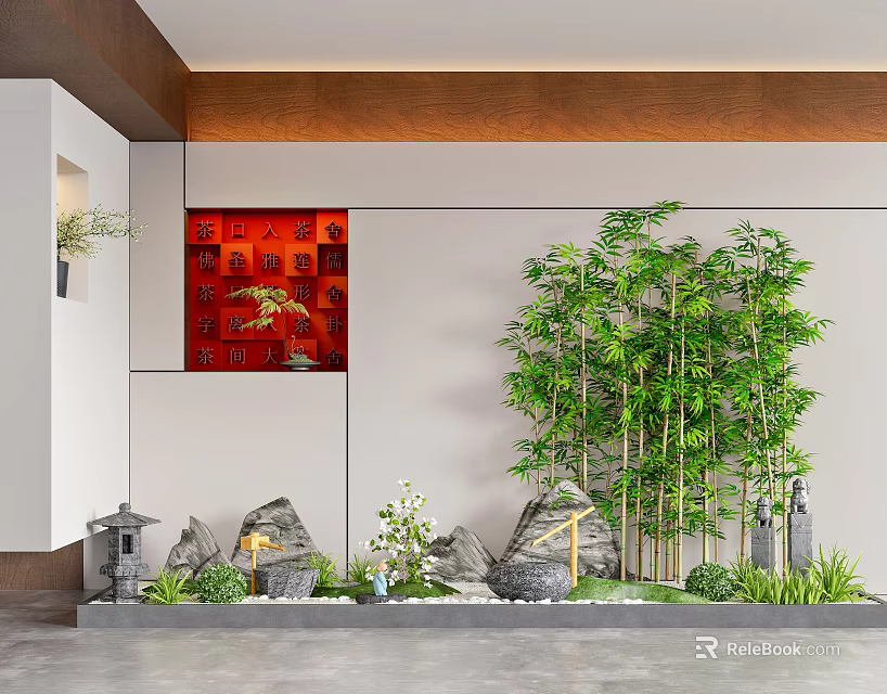 Modern Chinese Style Garden Decorative Elements With Red Wall Bamboo Rock Formations And Stone Lanterns 3d model 