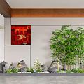 Modern Chinese Style Garden Decorative Elements With Red Wall Bamboo Rock Formations And Stone Lanterns
