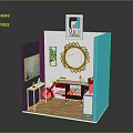 Contemporary Display Booth Featuring Turquoise Panel Circular Mirror Small Motorcycle Model And Wooden Floor