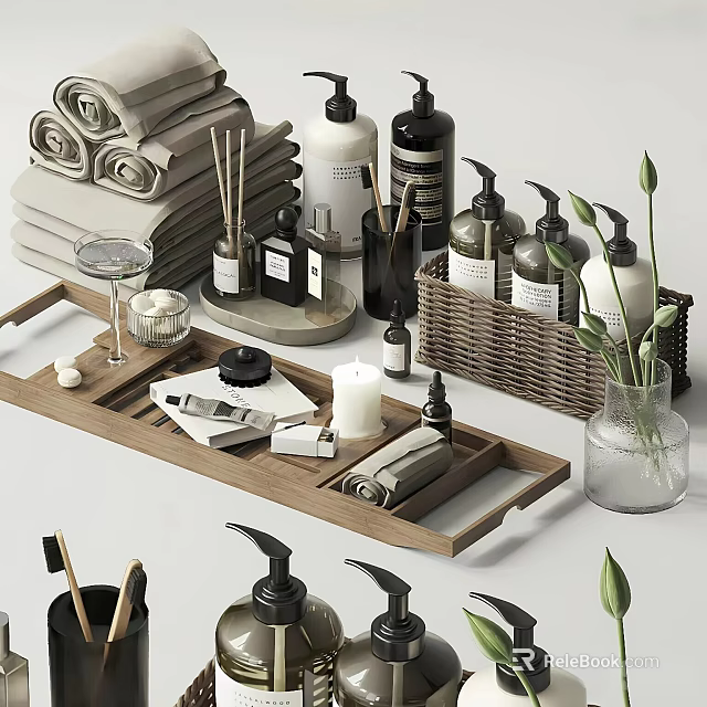 Bathroom Daily Use Products With Towels Bottles Tray And Decor 3d model 