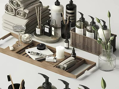 Bathroom Daily Use Products With Towels Bottles Tray And Decor 3d model