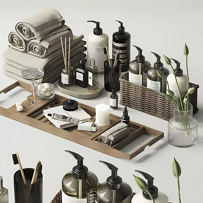 Bathroom Daily Use Products With Towels Bottles Tray And Decor 3d model