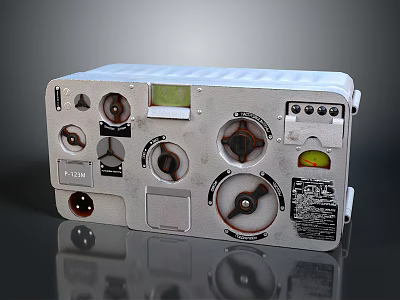 White Technical Device Featuring Multiple Knobs Gauges Buttons And Display On Reflective Black Surface 3d model