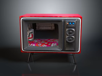 Red Vintage Microwave With Open Door And Colorful Interior Items On Stand 3d model