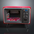 Red Vintage Microwave With Open Door And Colorful Interior Items On Stand